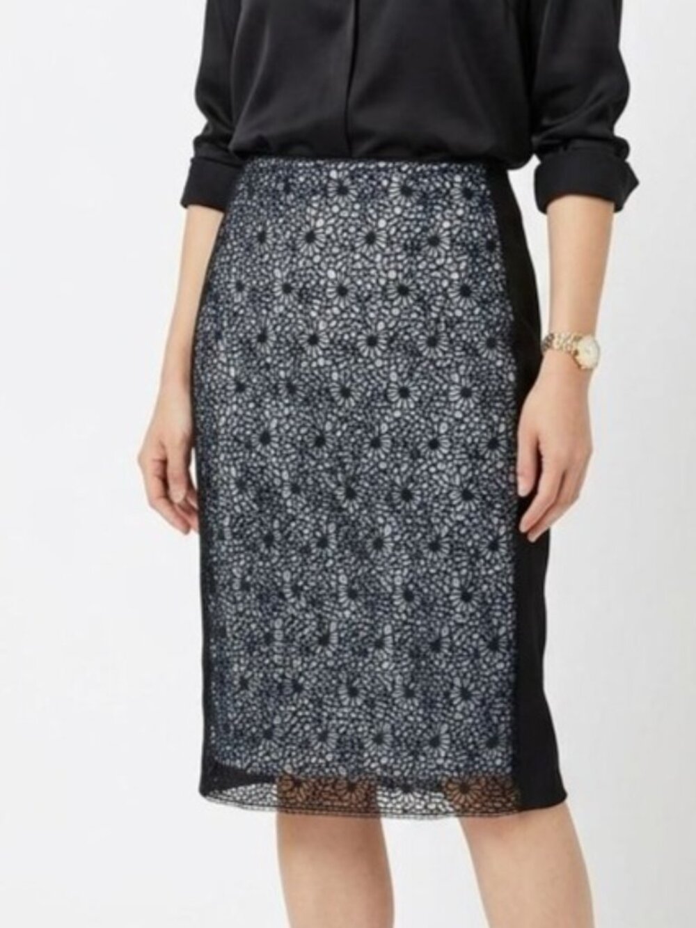 Marc Cain Pencil Skirt 10 Lace Overlay Black Blue Back Sposed Zip